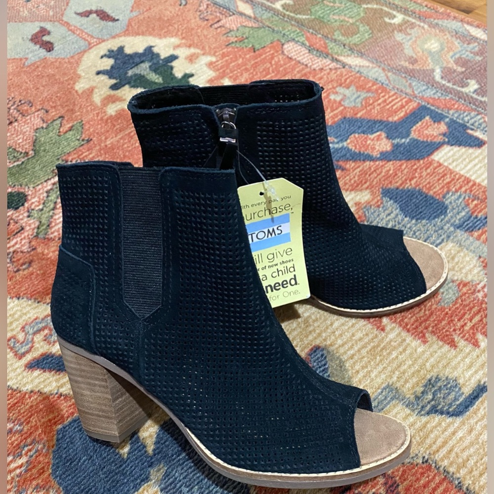 TOMS Black Peep-Toe Heeled Boots (new with tags)